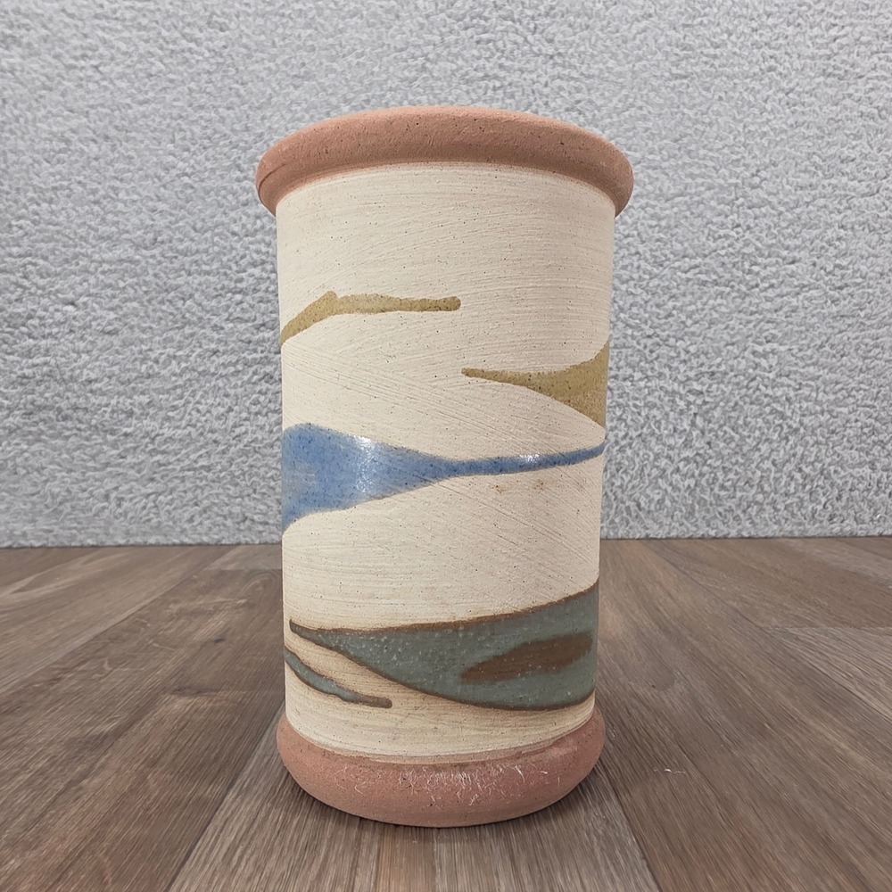 Alfa Dom Handmade Ceramic Vase Stripped Design Pink Tan Blue Green Pottery‎